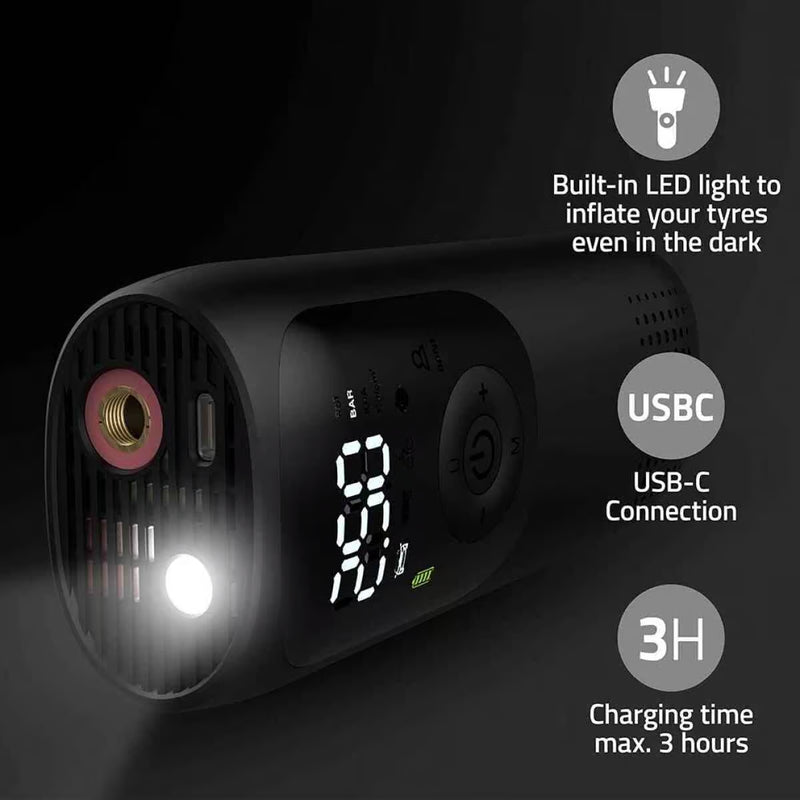 Schwarze, kompakte elektrische Pumpe mit digitalem Display, LED-Licht und USB-C-Anschluss.
