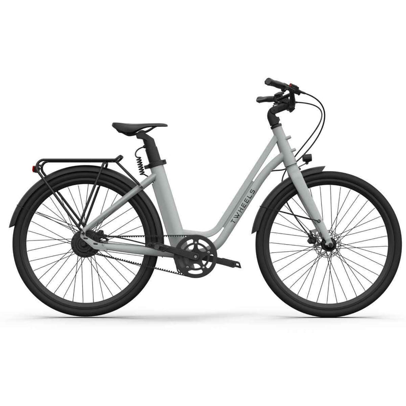 Graues E-Bike City Classic mit schwarzem Gepäckträger, Schutzblechen und Riemenantrieb.