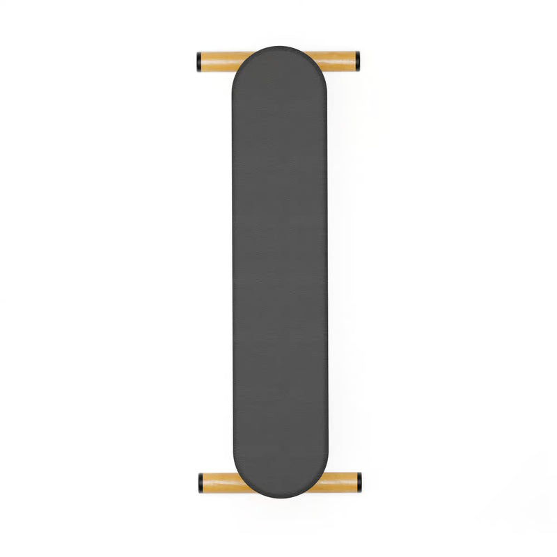 Elegante Hantelbank aus hellem Eichenholz mit dunkelgrauem Polster, schlankes, modernes Design.