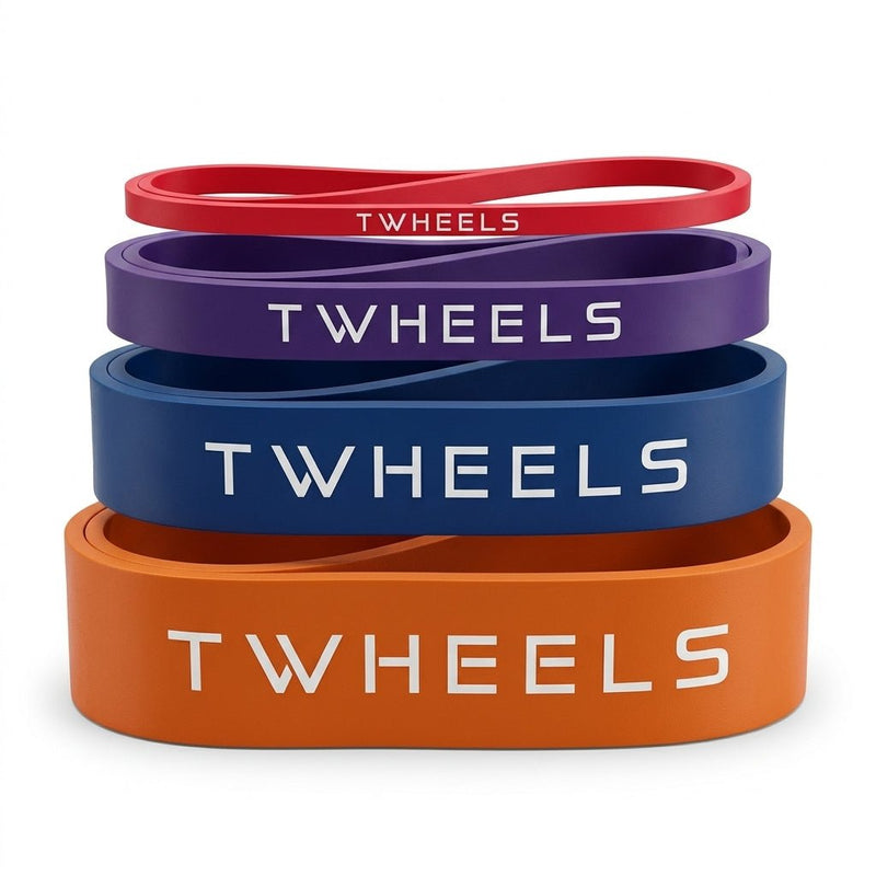 Vier TWHEELS Klimmzugbänder in Rot, Violett, Blau und Orange auf weissem Hintergrund.
