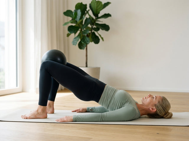 Schulterbrücke mit Ball zwischen den Knien auf dem Pilates Essential Komplett-Set