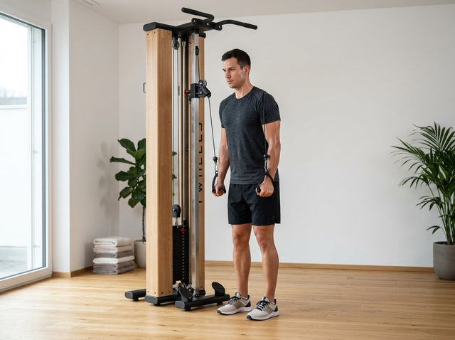 Trizepsdrücken am Kabel (Pushdown) auf dem Torre per trazioni fitness in legno di quercia – TWHEELS