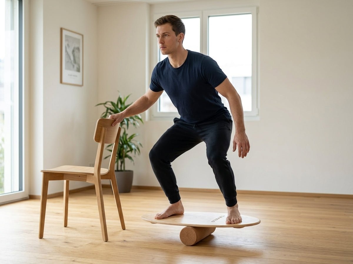 Mann in der Grundposition auf dem TWHEELS Balance Board aus Ahornholz, eine Hand an der Stuhllehne