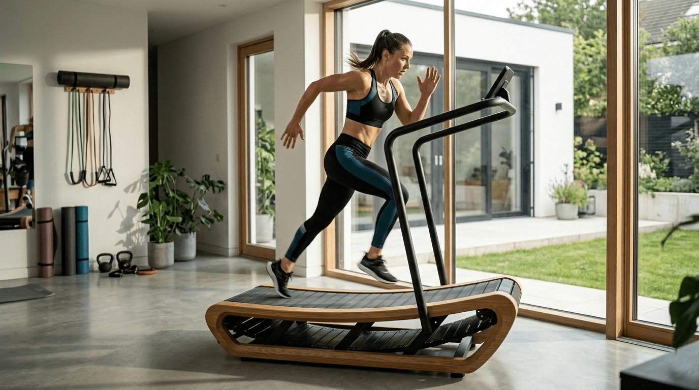 Sprint auf der TWHEELS Sprinting Machine, motorloses Curved Laufband aus Eichenholz