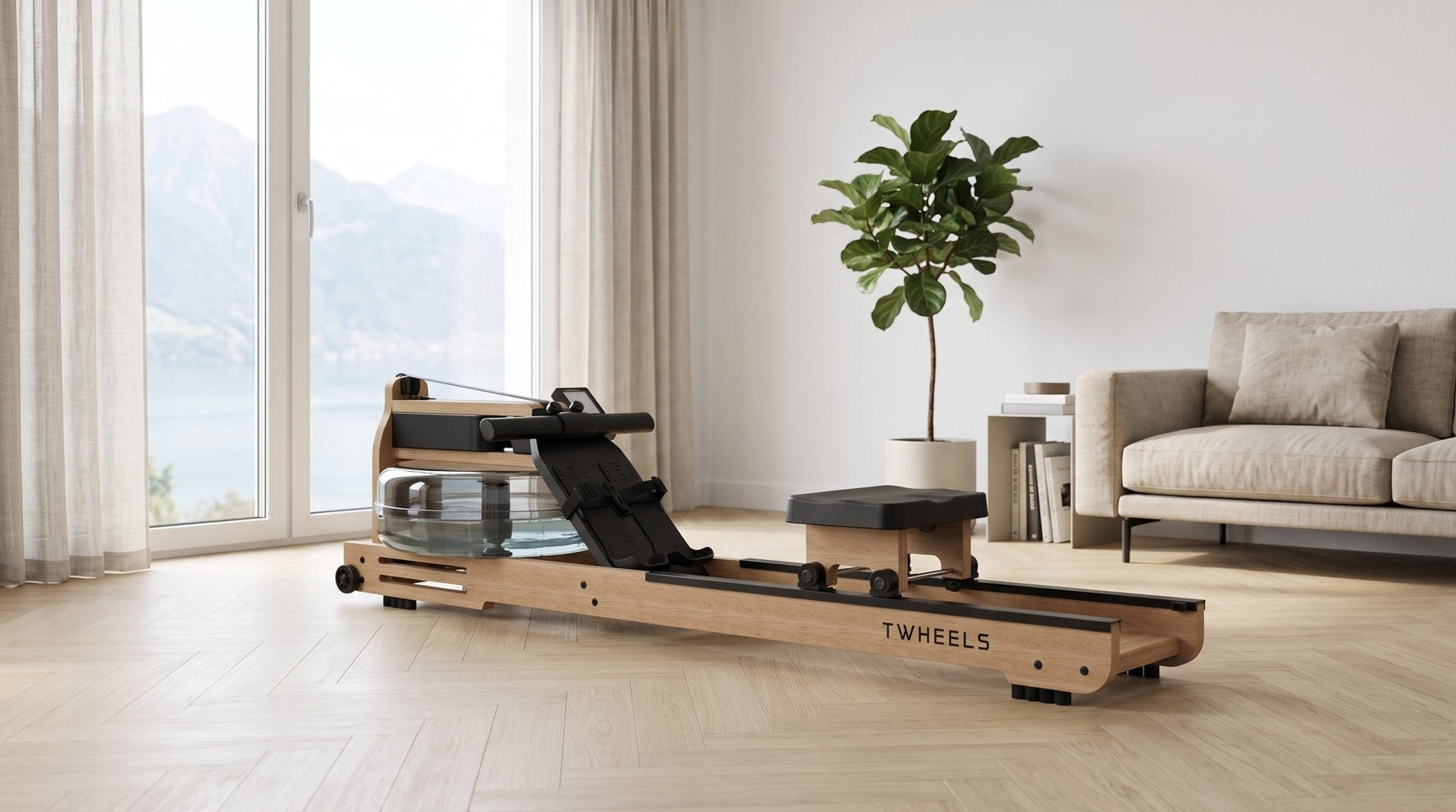 TWHEELS Wasserrudergerät aus Eichenholz in einem hellen Schweizer Wohnzimmer mit Seeblick
