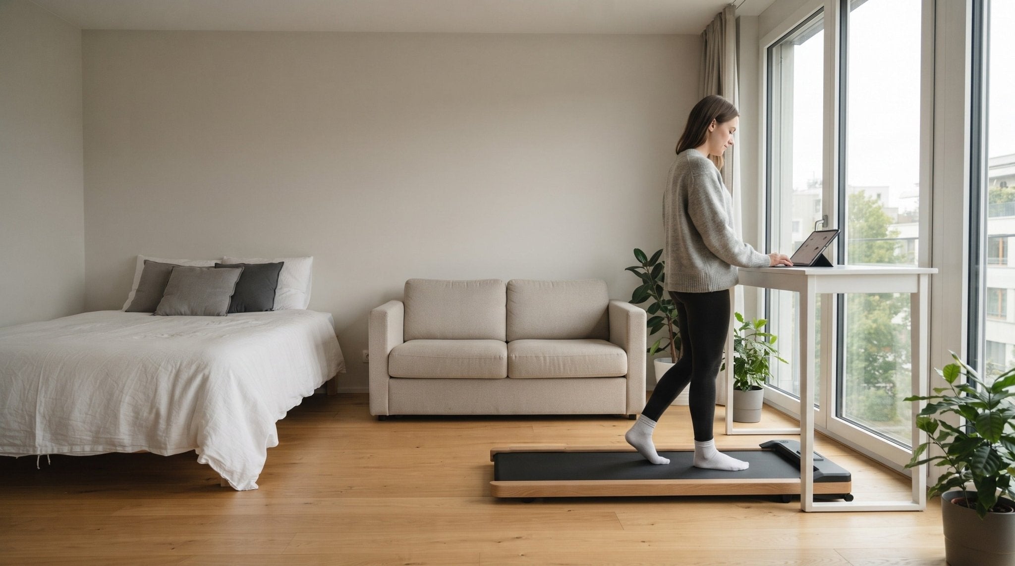 TWHEELS Walking Pad aus Eichenholz am Stehtisch in einer kleinen Einzimmerwohnung, platzsparendes und leises Fitnessgerät