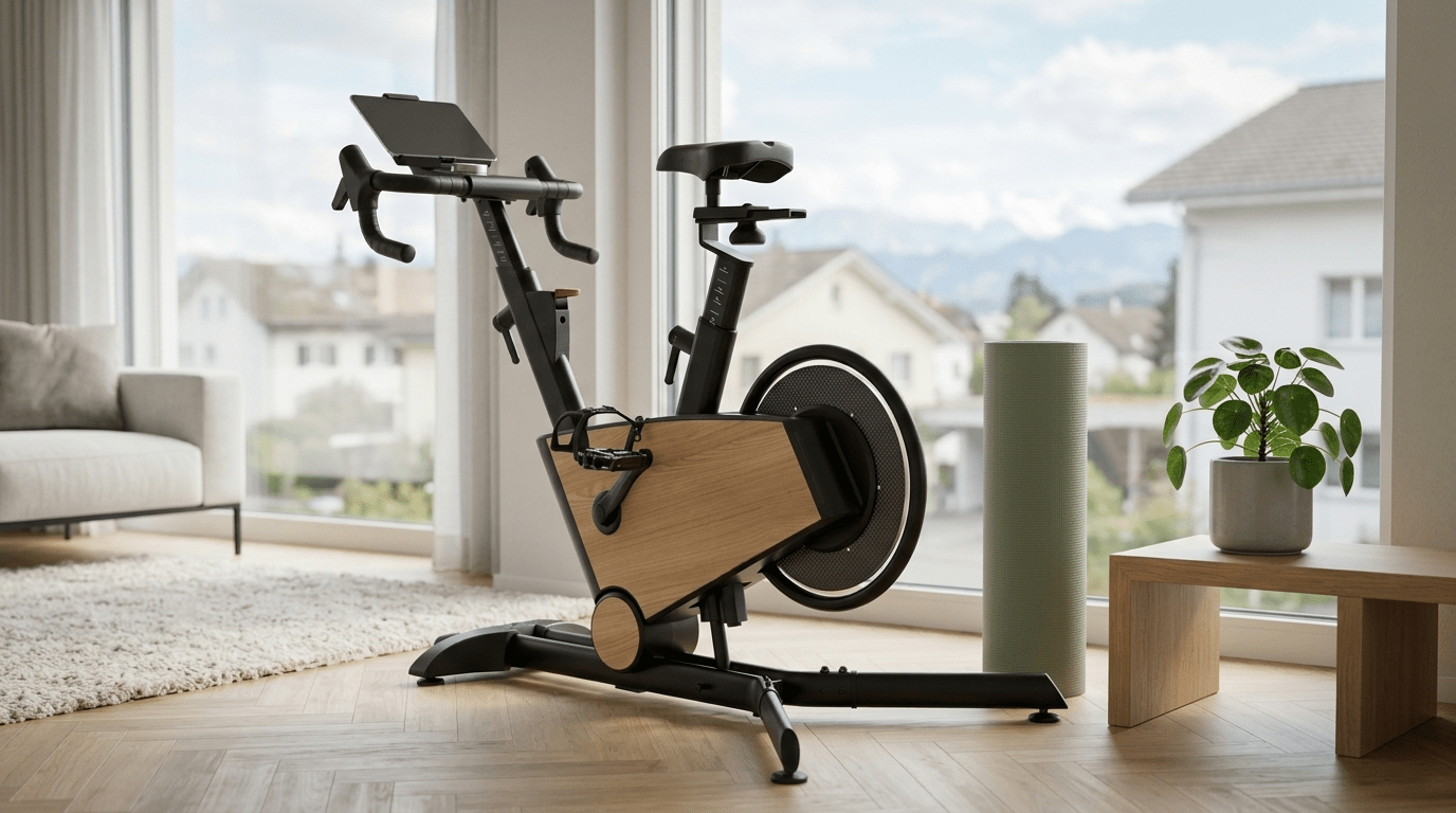 TWHEELS Indoor Bike aus Eichenholz im hellen Wohnzimmer-Home-Gym