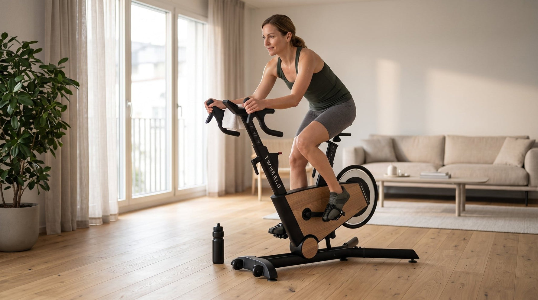 Frau trainiert am Morgen auf dem Indoor Bike aus Eichenholz im Wohnzimmer und verbrennt Kalorien