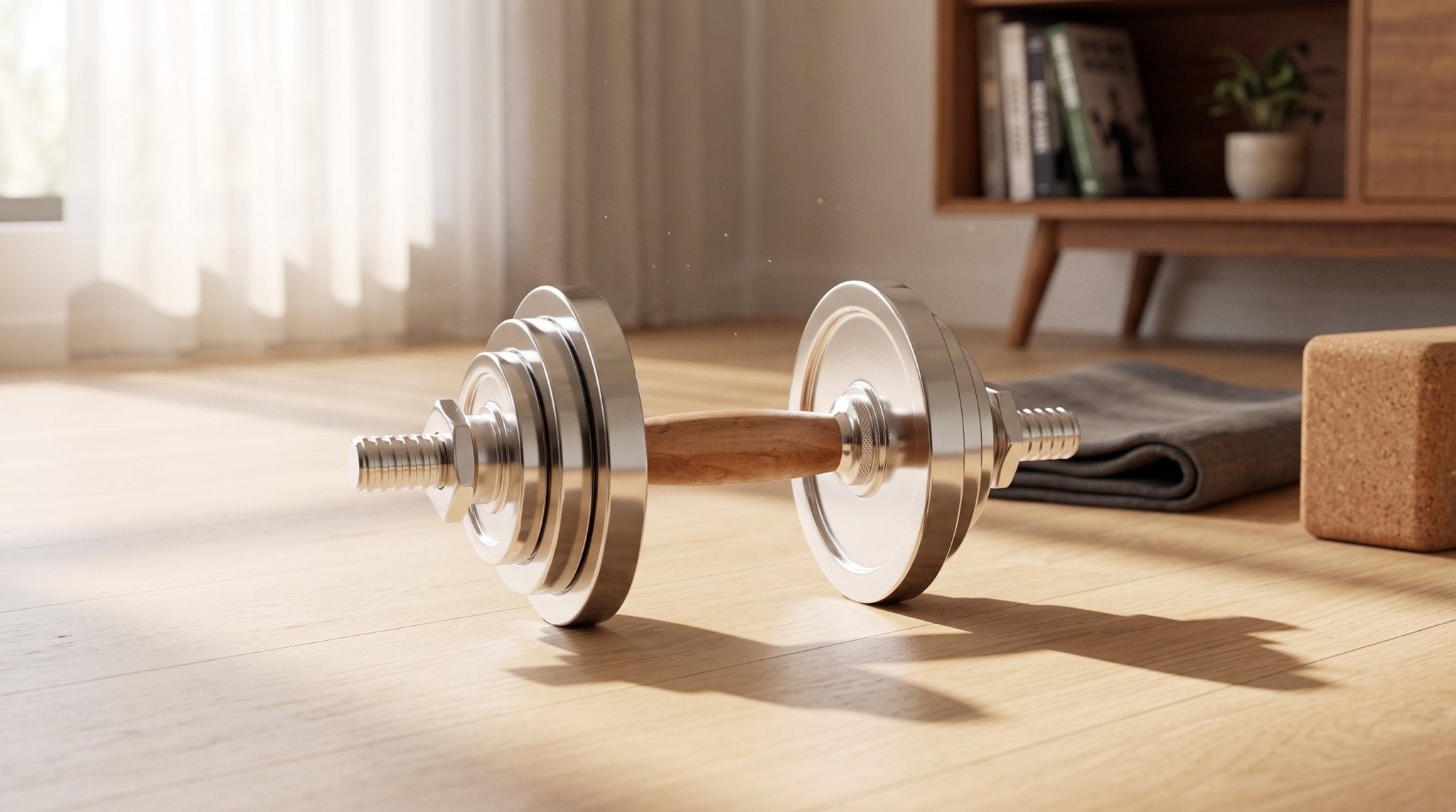 TWHEELS Hantel mit Nussholzgriff im hellen Home-Gym