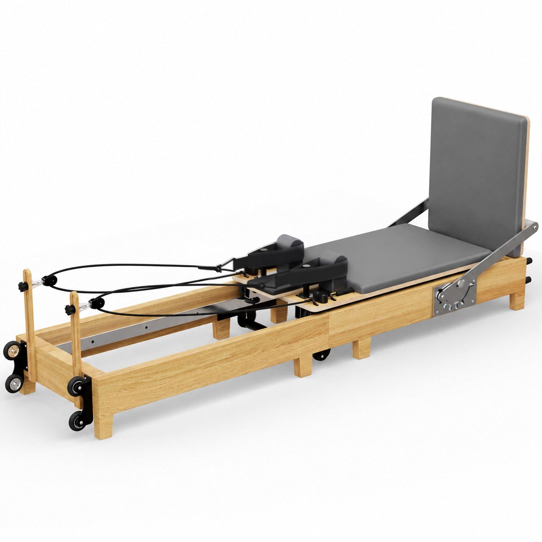 Pilates Reformer aus Ahornholz mit grauem Polster, faltbar, im Wohnraum aufgestellt