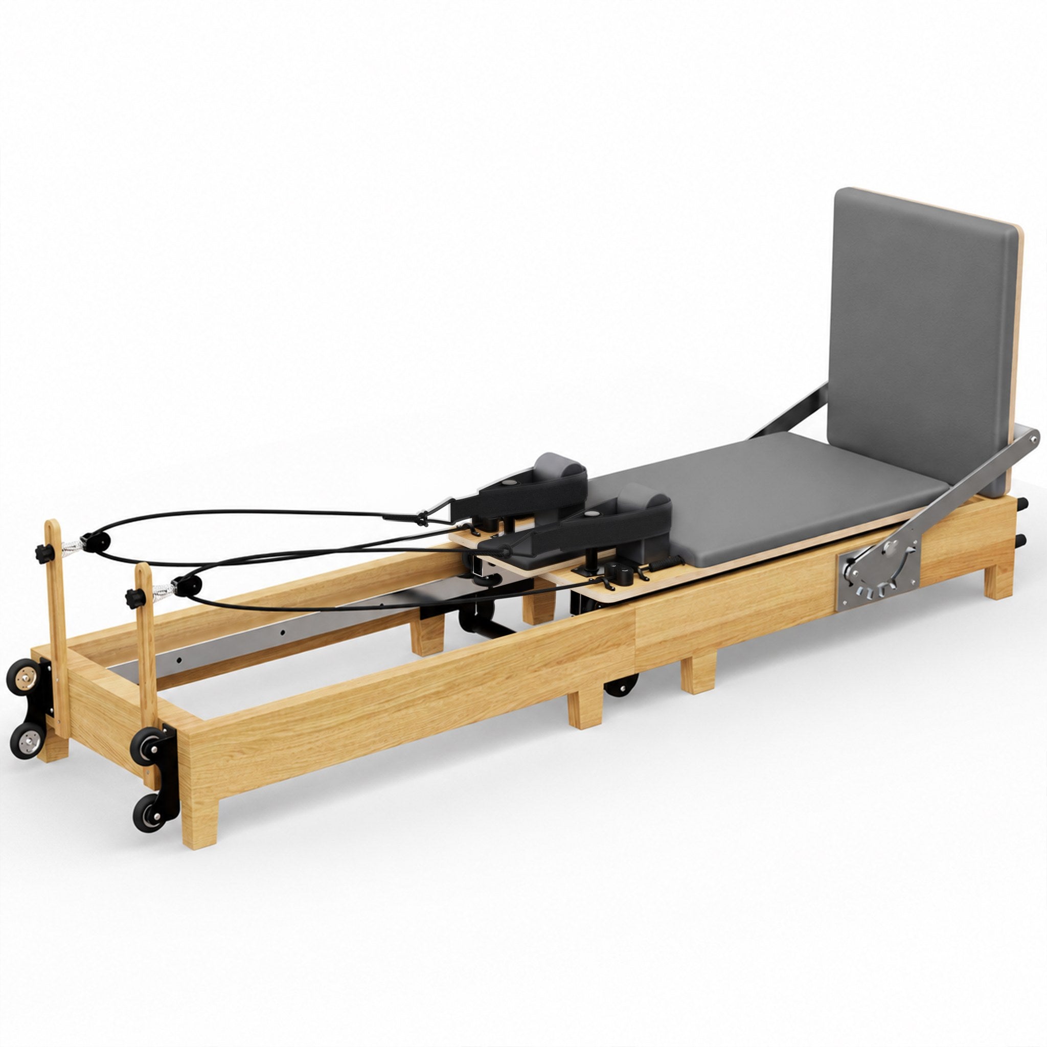 Pilates Reformer aus Ahornholz mit grauem Polster, faltbar, im Wohnraum aufgestellt