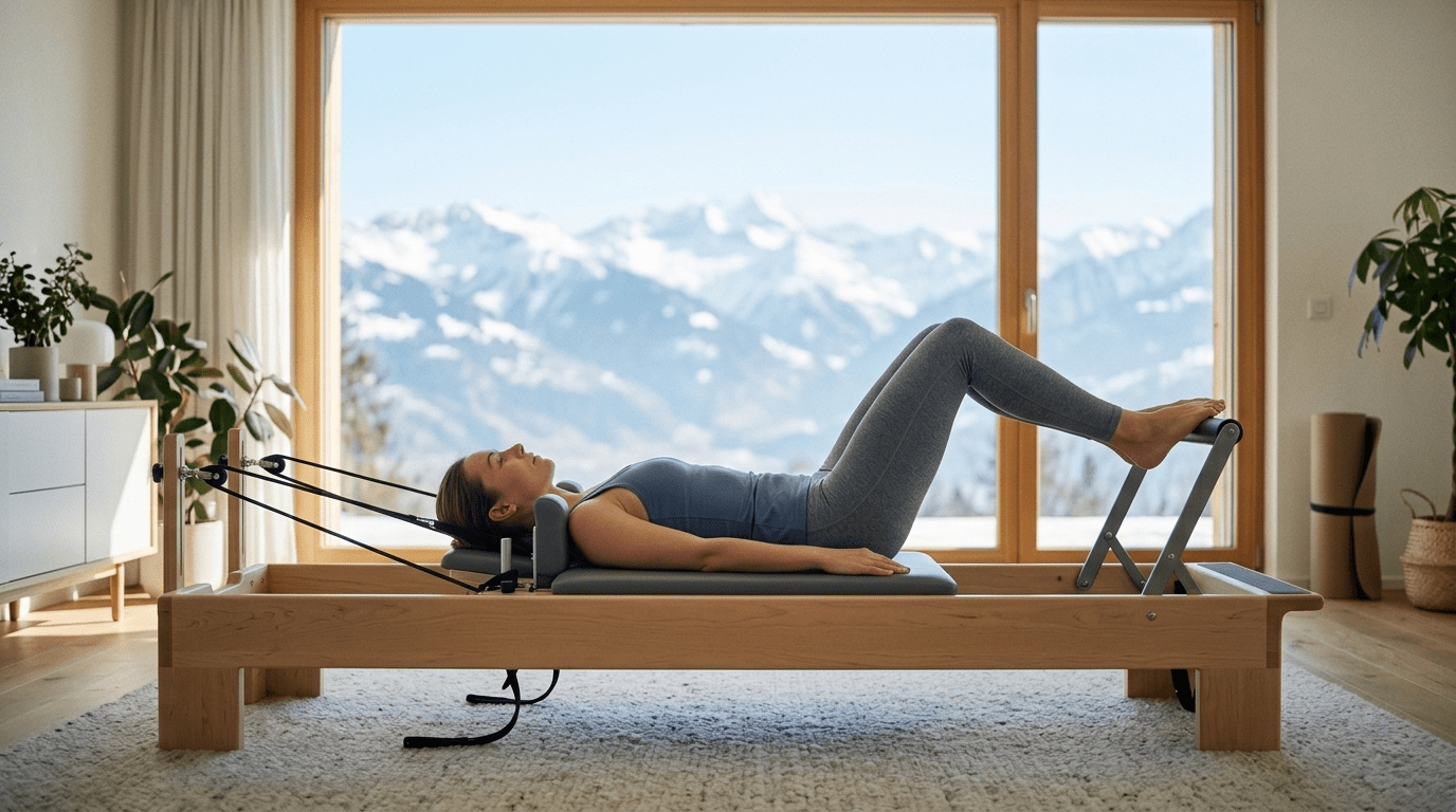 Frau trainiert auf dem TWHEELS Pilates Reformer aus Ahornholz mit grauem Polster, Alpenblick
