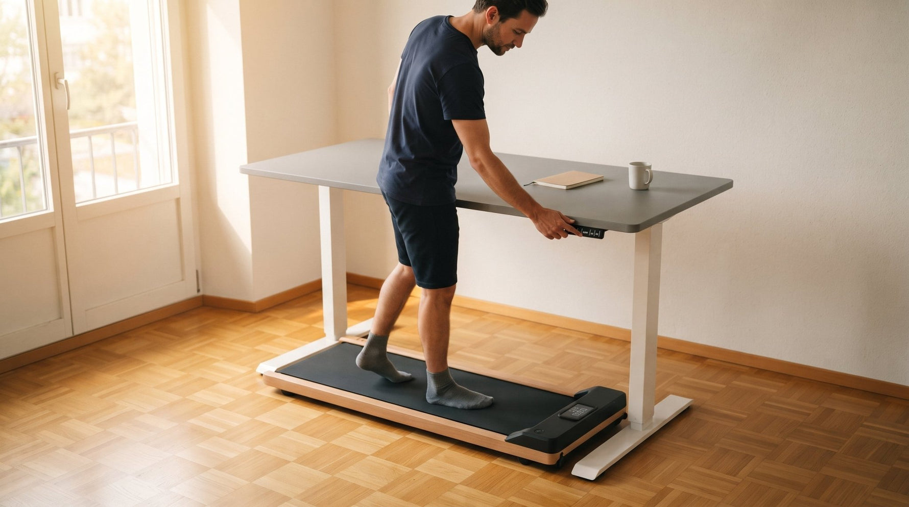 Mann stellt die Höhe des TWHEELS Stehtischs ein, während er auf dem Walking Pad steht