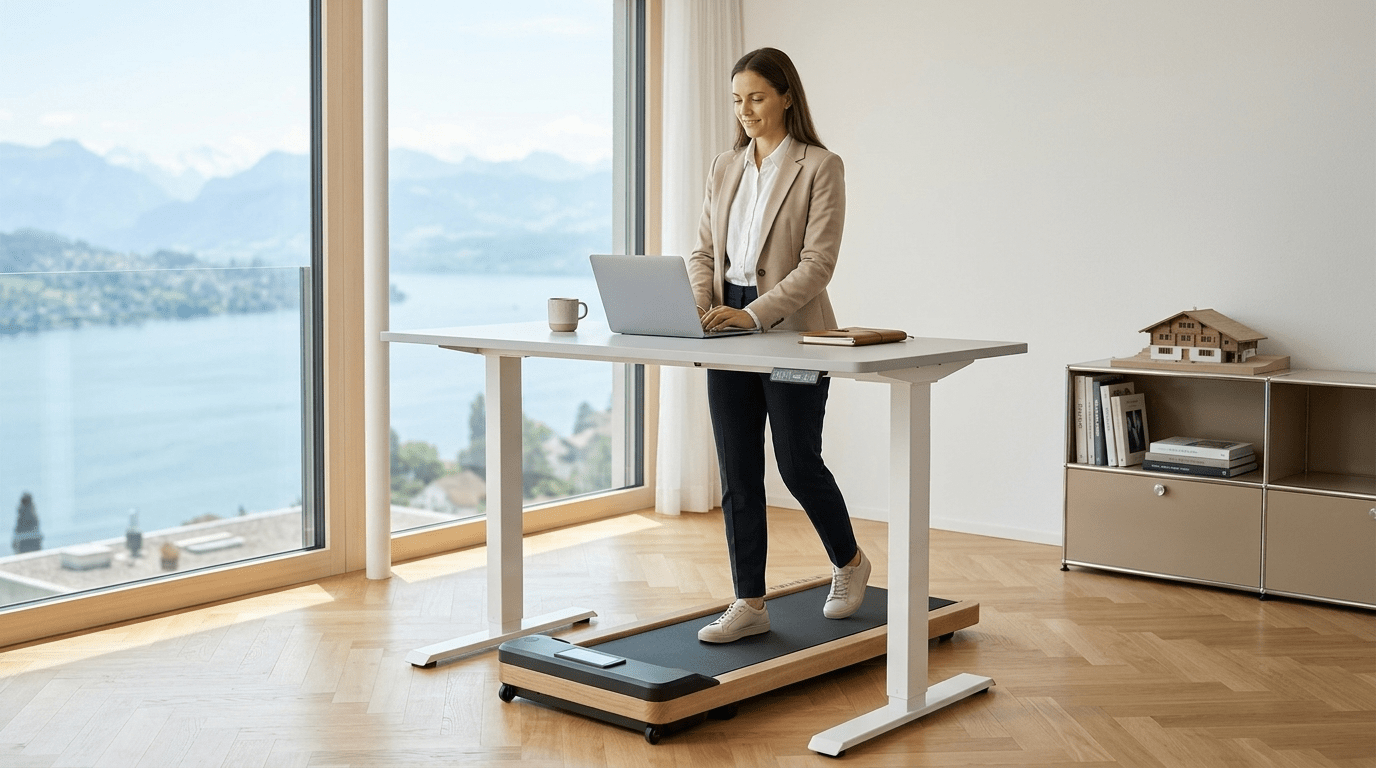 Frau arbeitet gehend auf dem TWHEELS Walking Pad aus Eichenholz unter dem Stehtisch, Schweizer Seeblick
