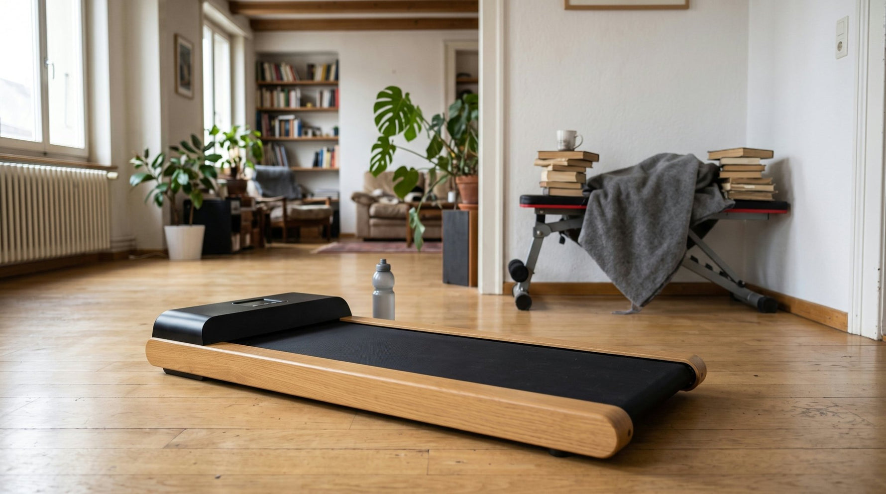 Wohnzimmer bei Tageslicht: ein Walking Pad aus Eichenholz steht griffbereit neben dem Sofa, im Hintergrund eine zusammengeklappte Hantelbank unter einer Decke, Beispiel für sinnvolle Fitnessgeräte für zuhause