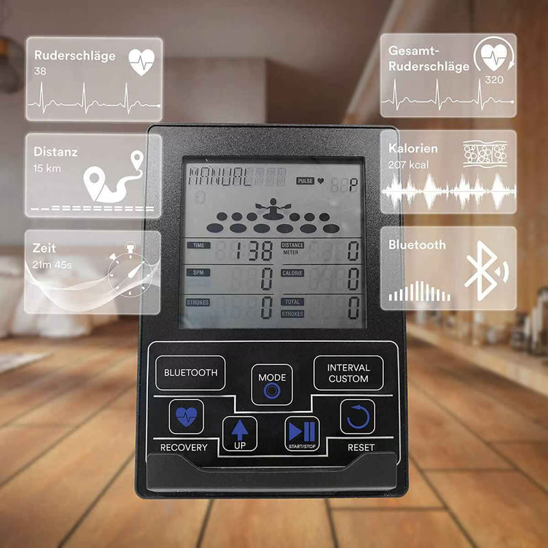 Schwarzes LCD-Display für TWHEELS Wasserrudergerät mit Trainingsdaten, Bluetooth und Tasten.