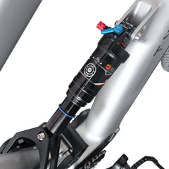 Luftdämpfer am Hinterbau des TWHEELS E-Mountain Bike in Silber.