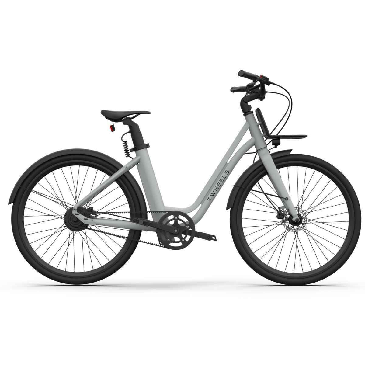 Graues E-Bike City Classic mit schwarzem Front-Gepäckträger, Schutzblechen und Riemenantrieb.