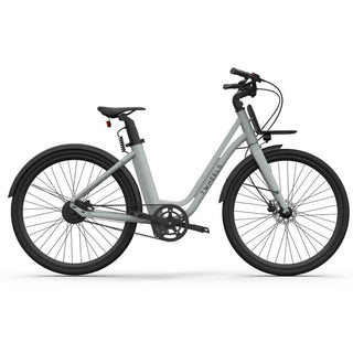 Graues E-Bike City Classic mit schwarzem Front-Gepäckträger, Schutzblechen und Riemenantrieb.