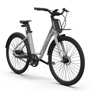 Graues E-Bike City Classic mit schwarzem Front-Gepäckträger, Schutzblechen und Scheibenbremsen.