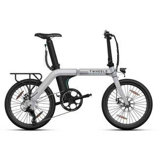 Silbernes E-Bike City Faltrad mit schwarzem Gepäckträger hinten.