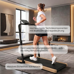 TWHEELS Walking Pad Laufband aus Eichenholz, flach verstaubar mit Transportrollen.