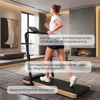 TWHEELS Walking Pad Laufband aus Eichenholz, flach verstaubar mit Transportrollen.