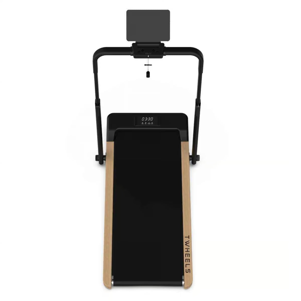TWHEELS Walking Pad Laufband aus Eichenholz mit schwarzer Lauffläche und Tablet-Halterung.