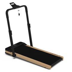 Modernes WalkingPad mit hellem Holzrahmen, schwarzem Laufband und klappbarem Griff.