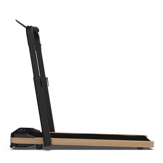 Modernes WalkingPad mit hellem Holz-Finish und schwarzem, klappbarem Griff, von der Seite.