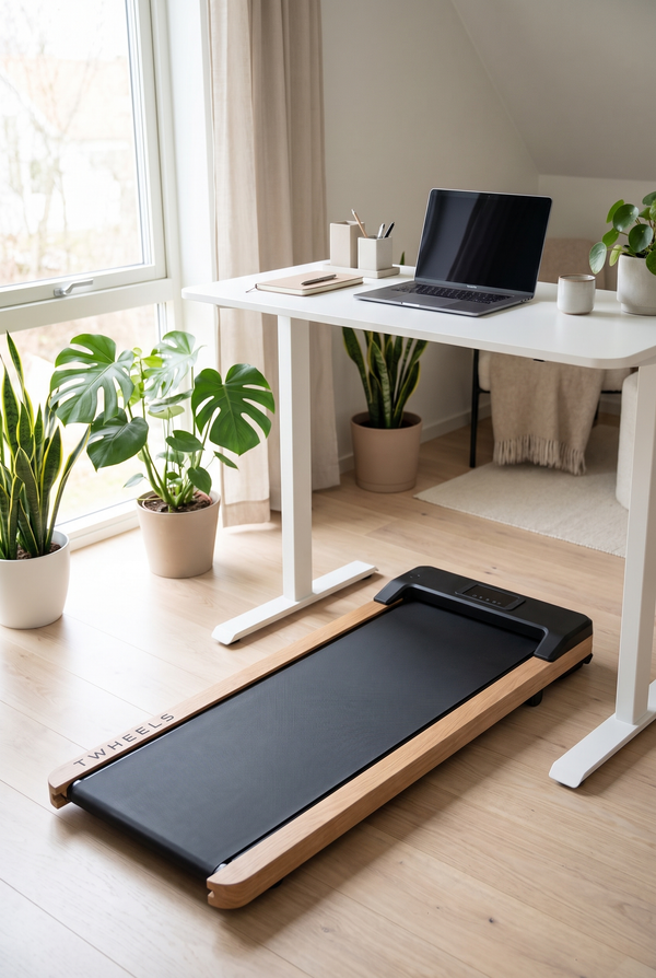 Fits under the standing desk for relaxed walking in the home office