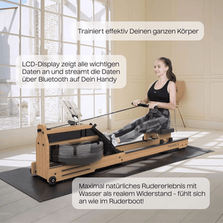 Elegantes TWHEELS Wasserrudergerät aus Eichenholz für das Home-Gym.