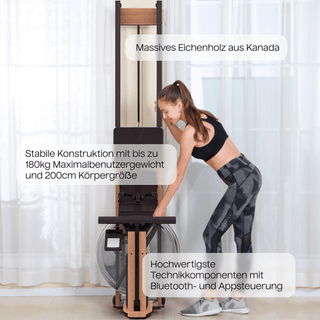 TWHEELS Wasserrudergerät aus Eichenholz mit Wassertank und gleitendem Rollsitz.