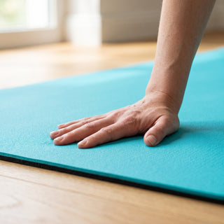 Hand drückt auf die gelenkschonende 6 mm Polsterung der blauen TWHEELS Yogamatte