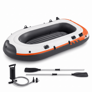 TWHEELS Schlauchboot Komplettset mit zwei Aluminiumpaddeln, Luftpumpe und zwei Ventiladaptern auf weissem Hintergrund.