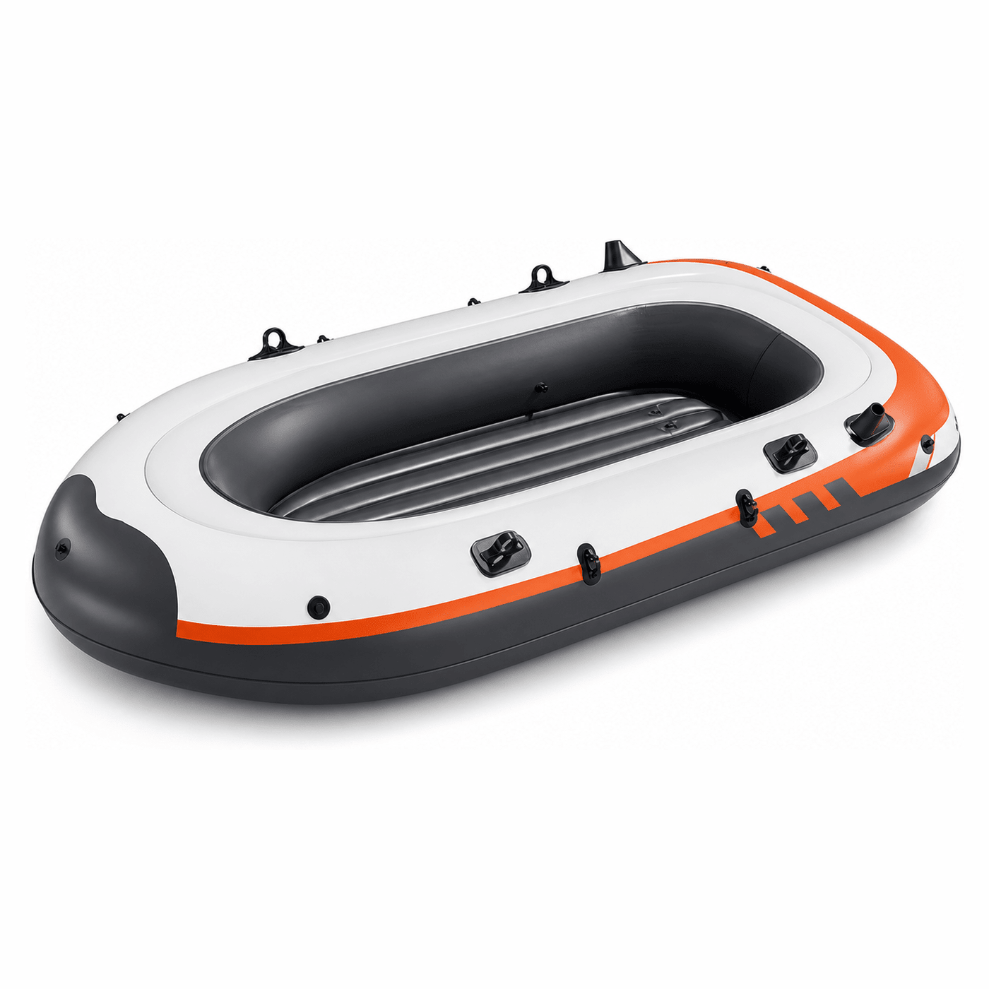 Aufblasbares TWHEELS Schlauchboot für 4 Personen in Weiss, Orange und Dunkelgrau auf weissem Hintergrund.