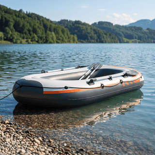 TWHEELS Schlauchboot mit zwei Paddeln auf dem Wasser am Ufer eines Schweizer Sees.