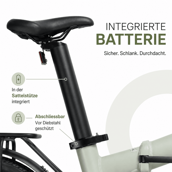 Batteria rimovibile nel tubo sella della bici pieghevole TWHEELS E-Bike City