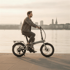 TWHEELS E-Bike City Faltrad in Cremegrün, gefahren entlang der Zürichsee-Promenade