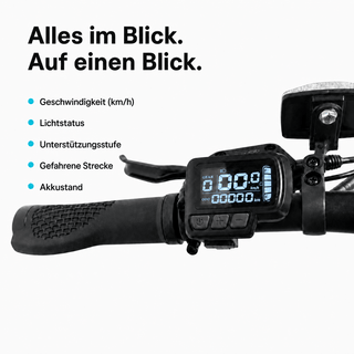 LCD-Display am Lenker des TWHEELS E-Bike City Faltrad mit Tempo, Akkustand und Unterstützungsstufe.