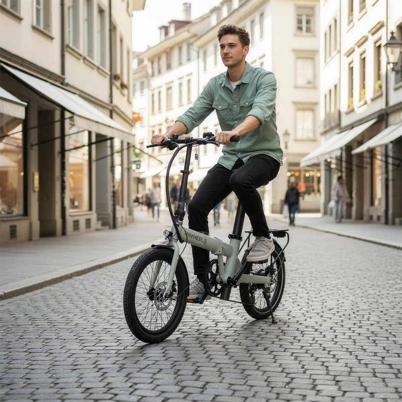 Una persona guida la bici pieghevole TWHEELS E-Bike City color crema attraverso il centro storico di Zurigo.