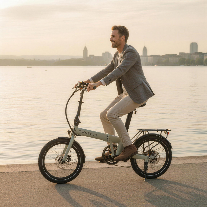 Crema verde TWHEELS E-Bike City pieghevole sulla passeggiata del Lago di Zurigo