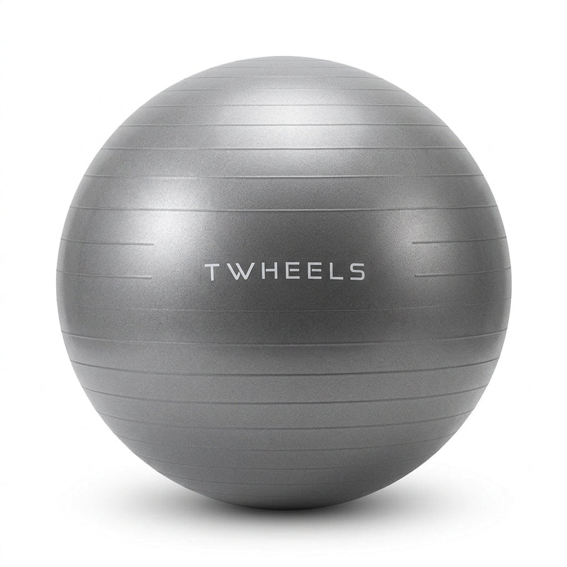 Grauer TWHEELS Fitnessball mit 75 cm Durchmesser auf weissem Hintergrund.