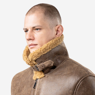 GÖTTIG Shearling-Lederjacke Braun, hochgestellter Lammfellkragen mit Schnallenriegel