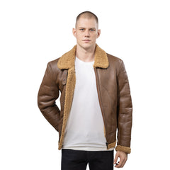 GÖTTIG Shearling-Lederjacke Camel mit honigfarbenem Lammfellkragen, am Model von vorne