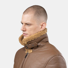 GÖTTIG Shearling-Lederjacke Camel, hochgestellter Lammfellkragen mit Schnallenriegel