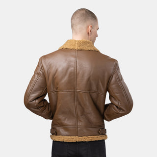 GÖTTIG Shearling-Lederjacke Camel, Rückenansicht mit Teilungsnähten und seitlichen Schnallen