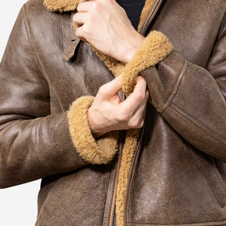 GÖTTIG Shearling-Lederjacke Braun, Detail Reissverschluss und umgeschlagenes Lammfellbündchen