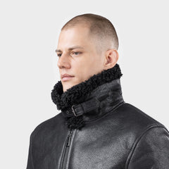GÖTTIG Shearling-Lederjacke Schwarz, hochgestellter Lammfellkragen mit Schnallenriegel