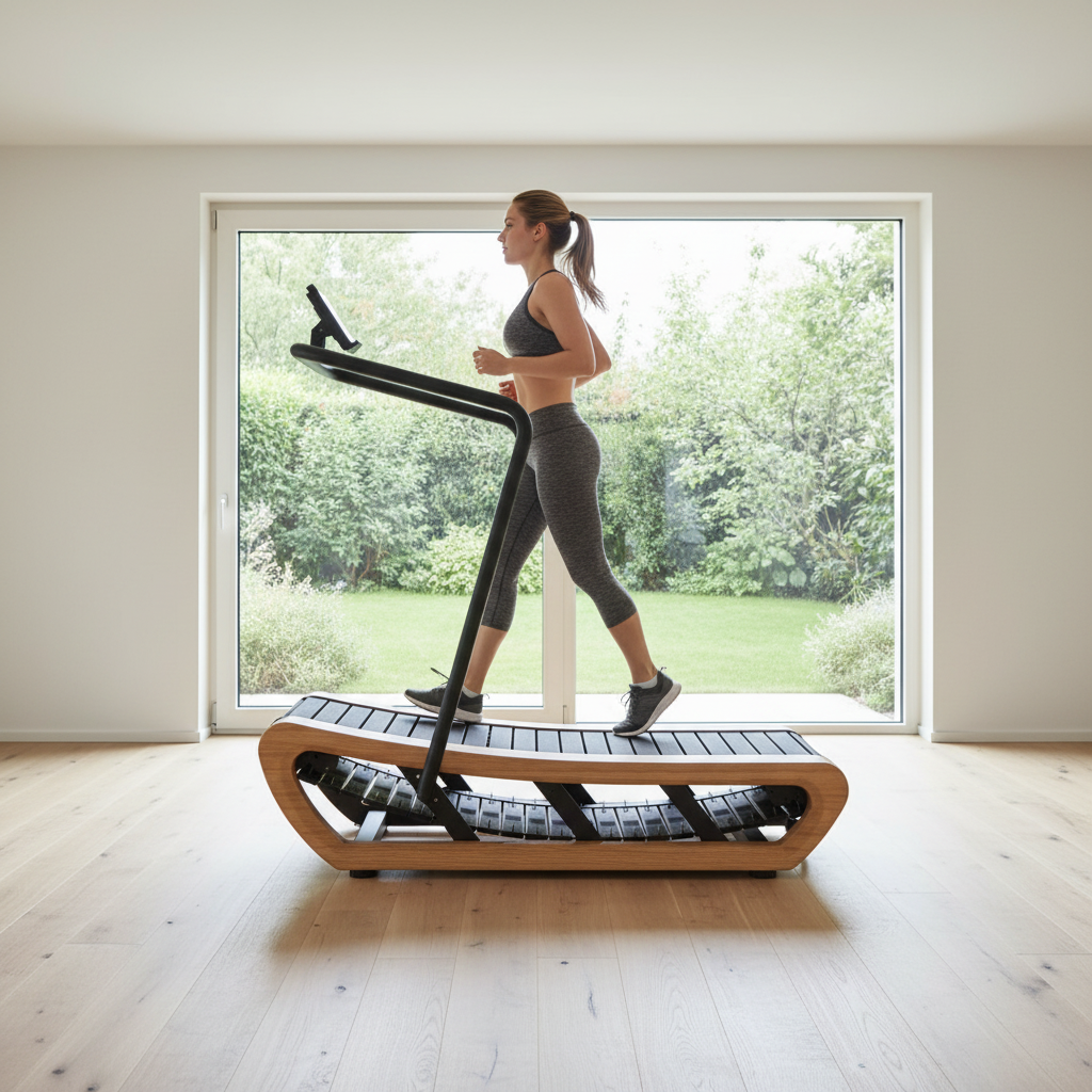 Sportlerin trainiert auf der TWHEELS Sprinting Machine aus Eichenholz im hellen Home-Gym